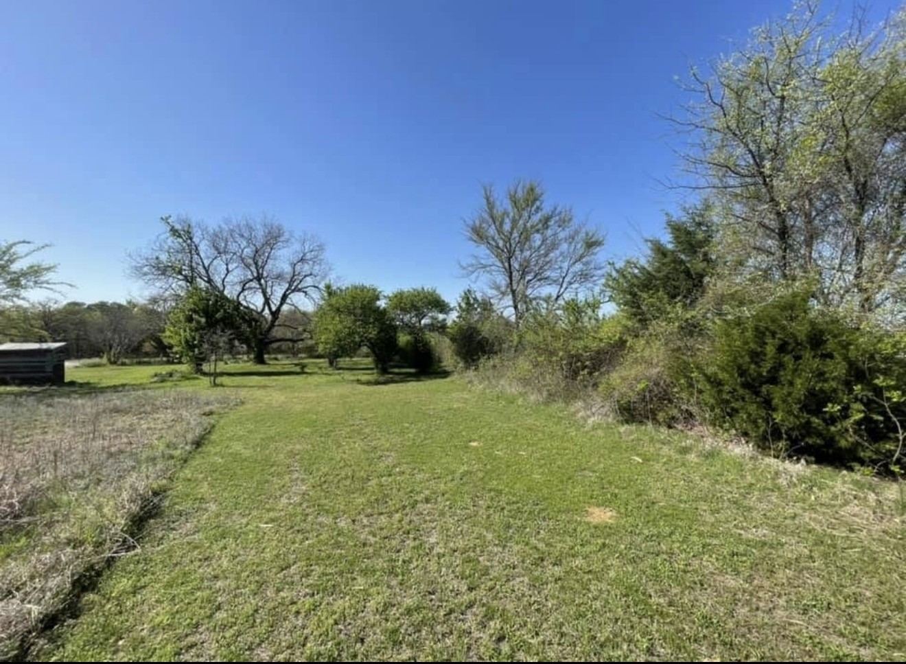 Wide mowed strip cleared through brush and trees on open land