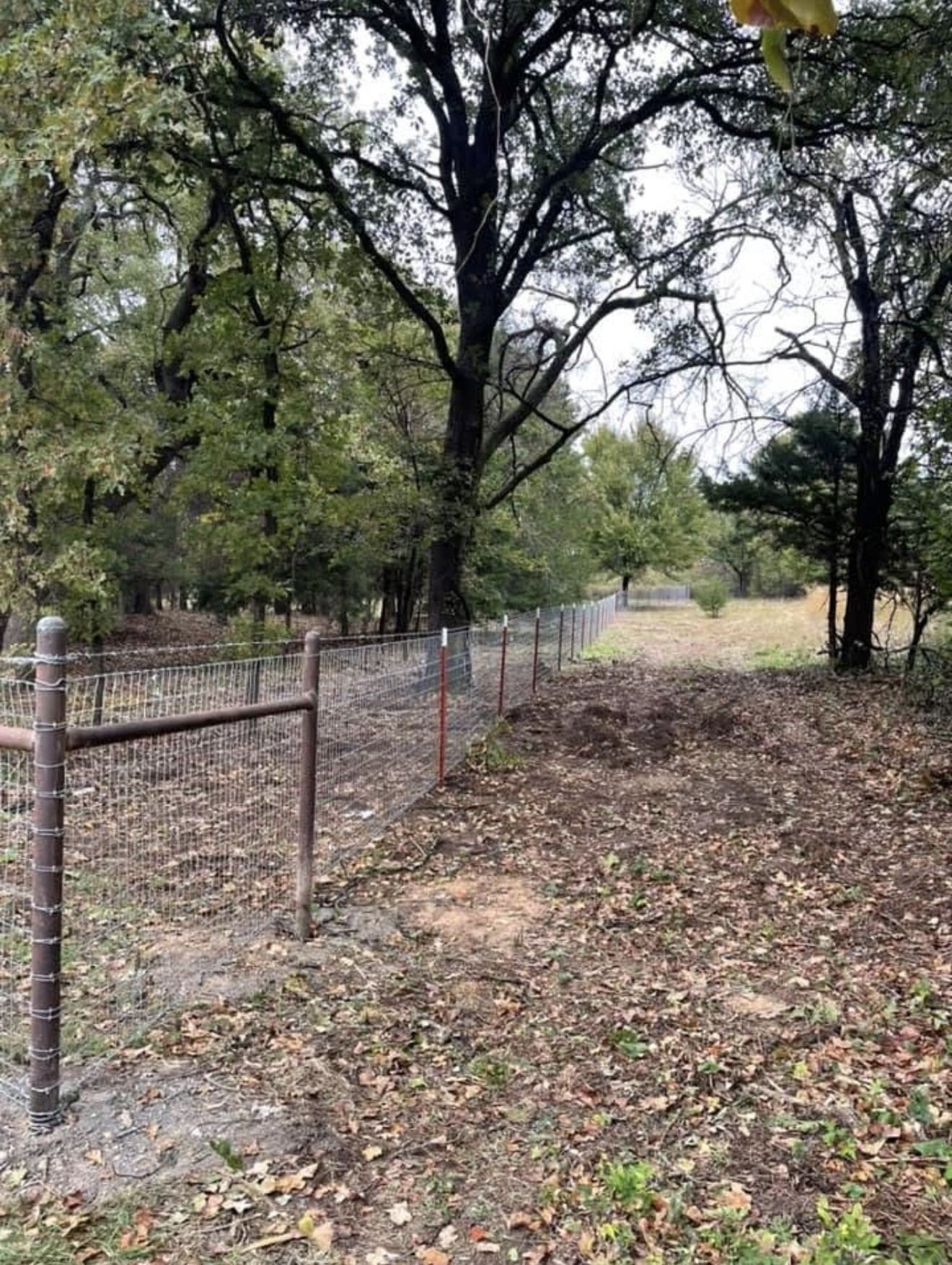 Pipe corner brace and woven wire fence running into the woods